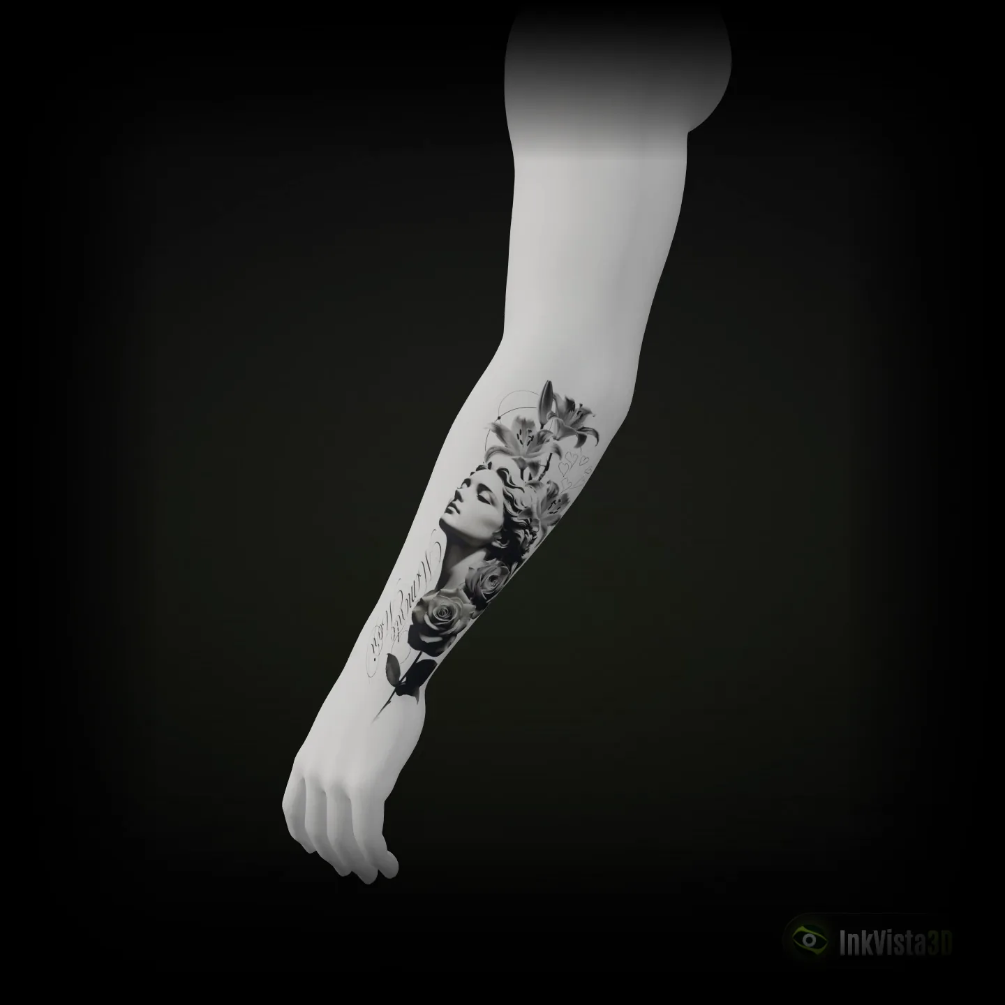 Lily muse: Lilies, roses and script along the forearm.