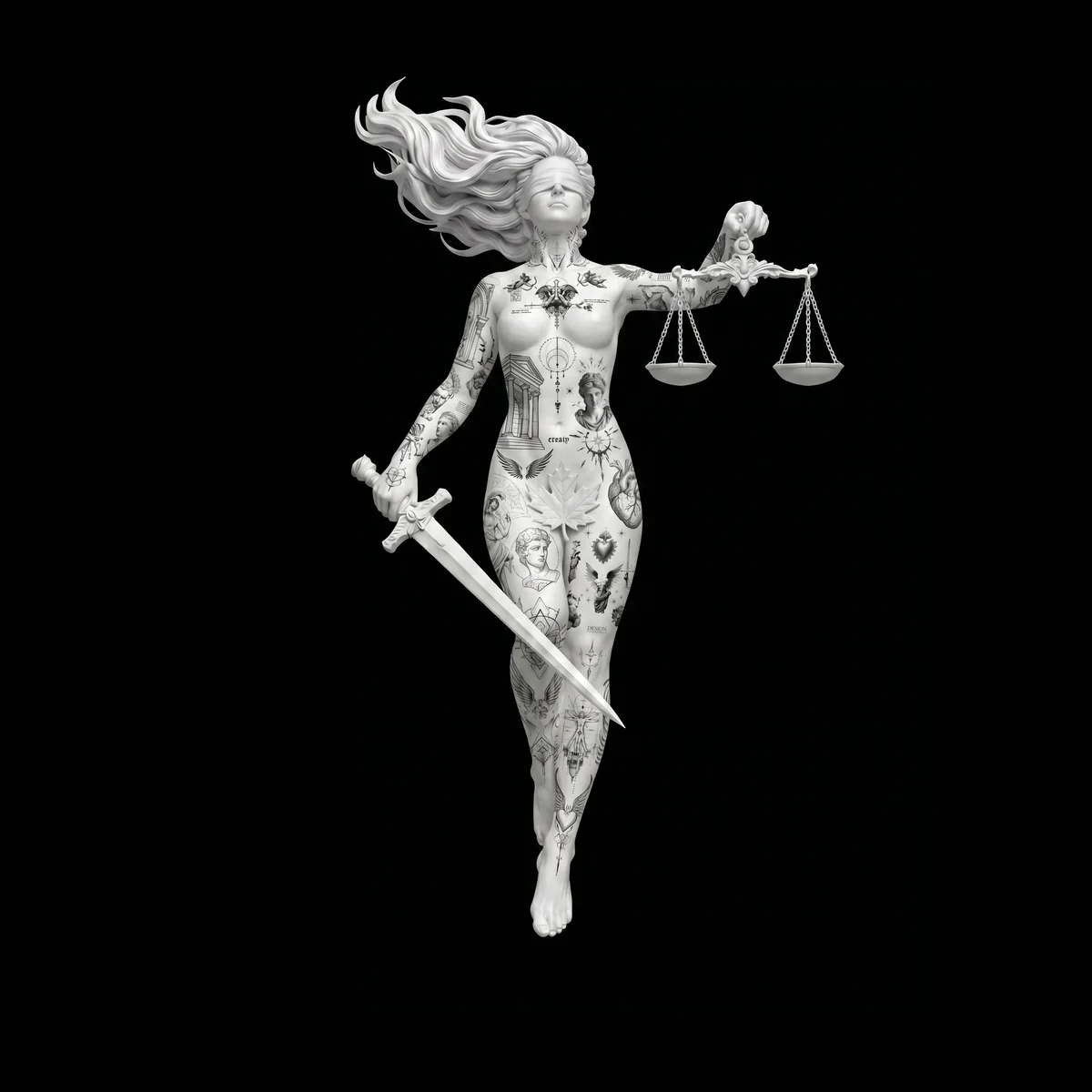 A sculpted figure holding scales and a sword, covered in tattoo designs