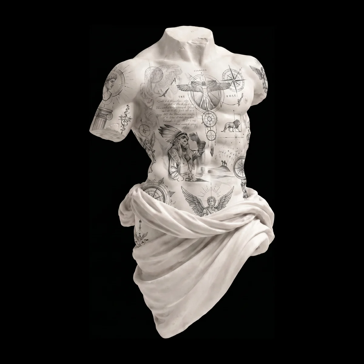 A sculpted torso with draped cloth and tattoos following the muscles