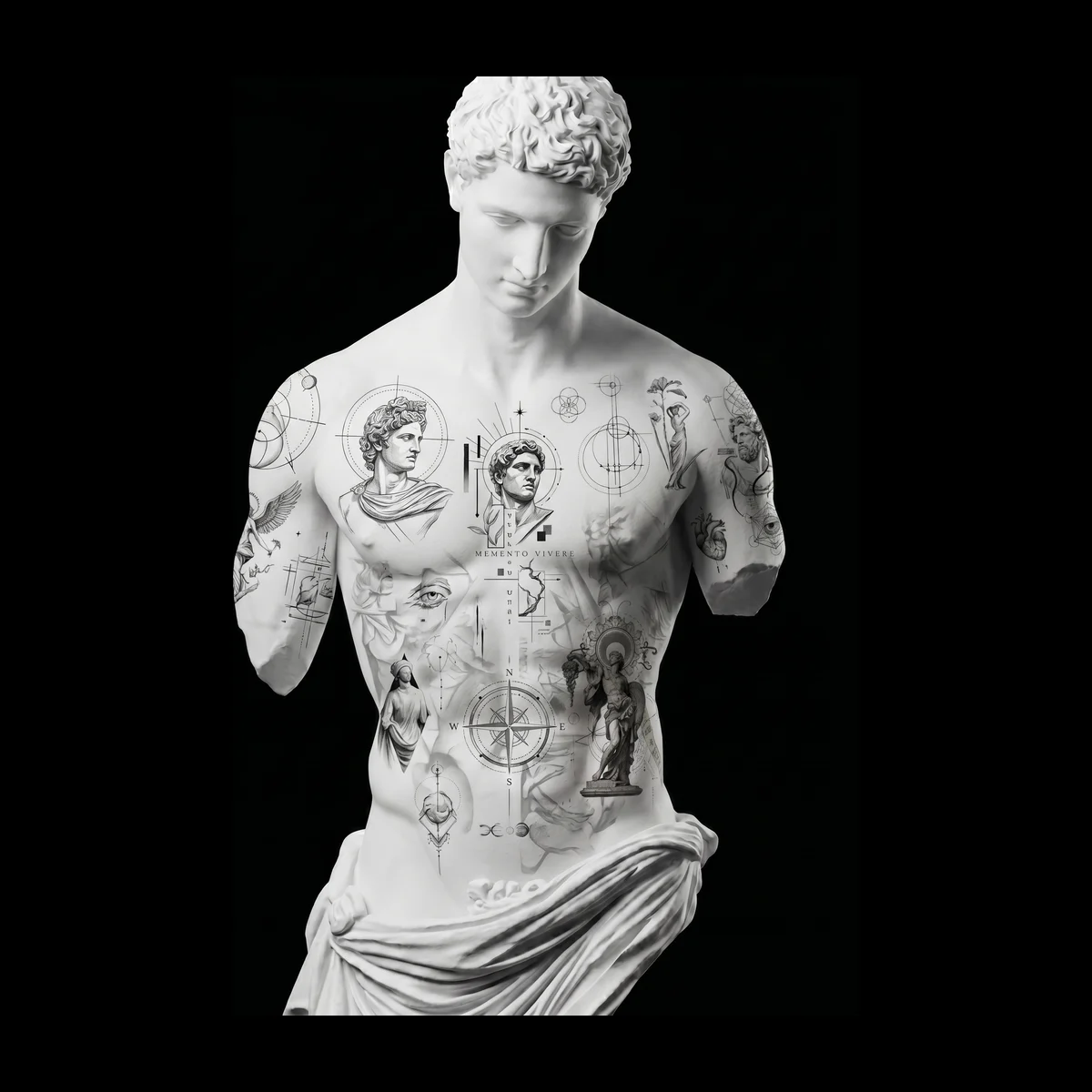 A sculpted torso with tattoo designs across the chest and arms