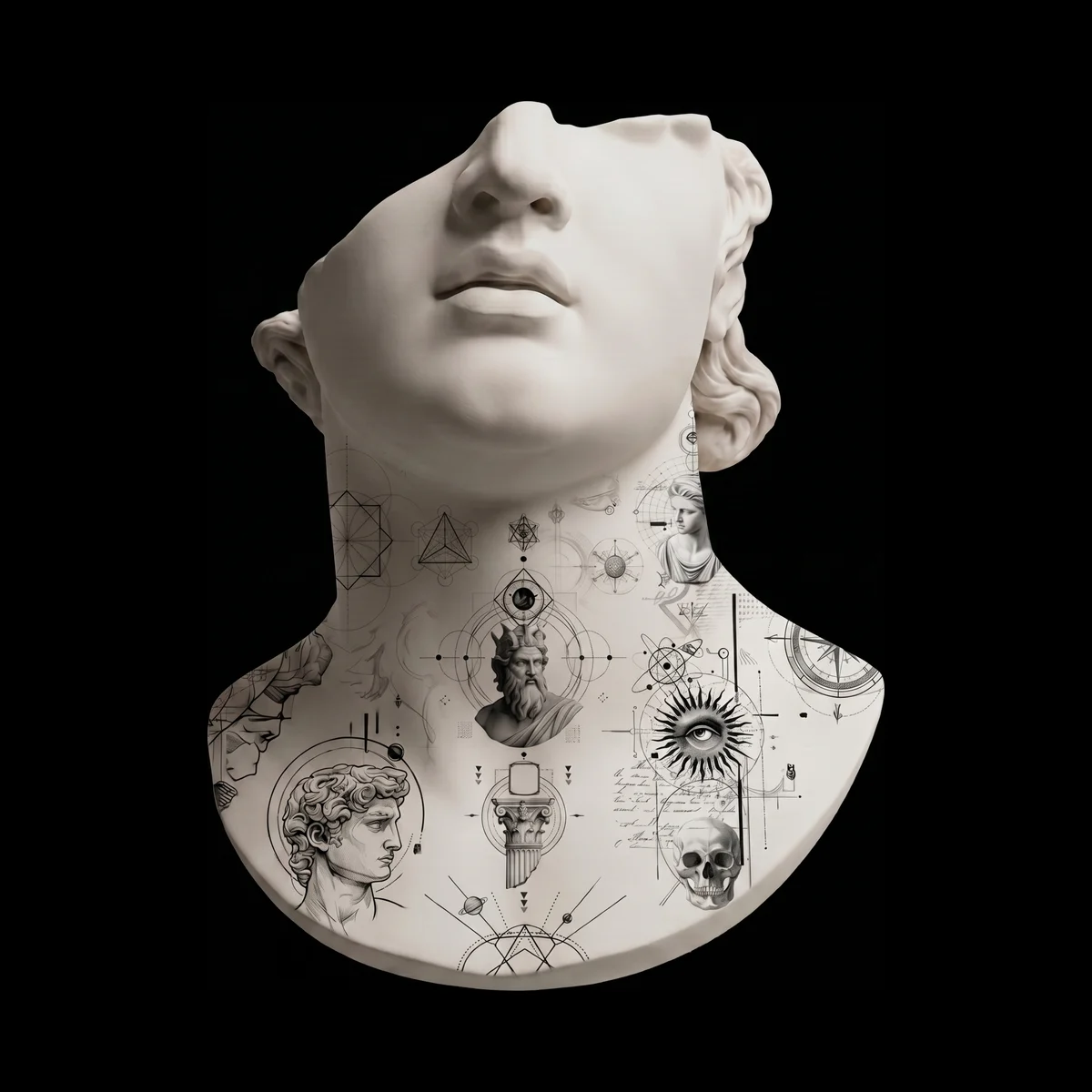 A sculpted head and neck with fine-line tattoos