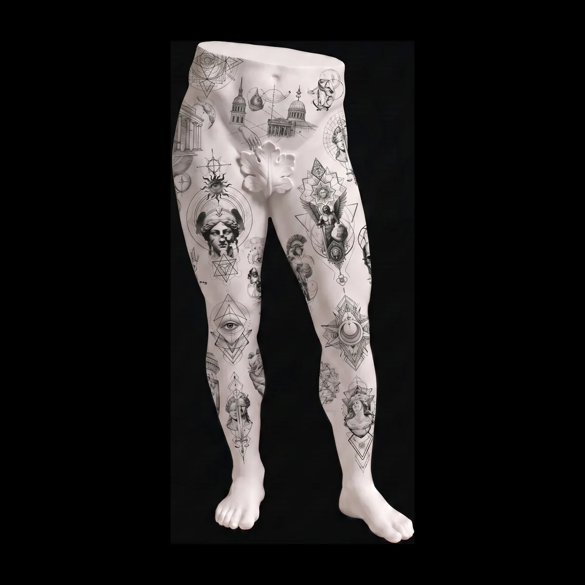 Sculpted legs covered in fine-line tattoo designs